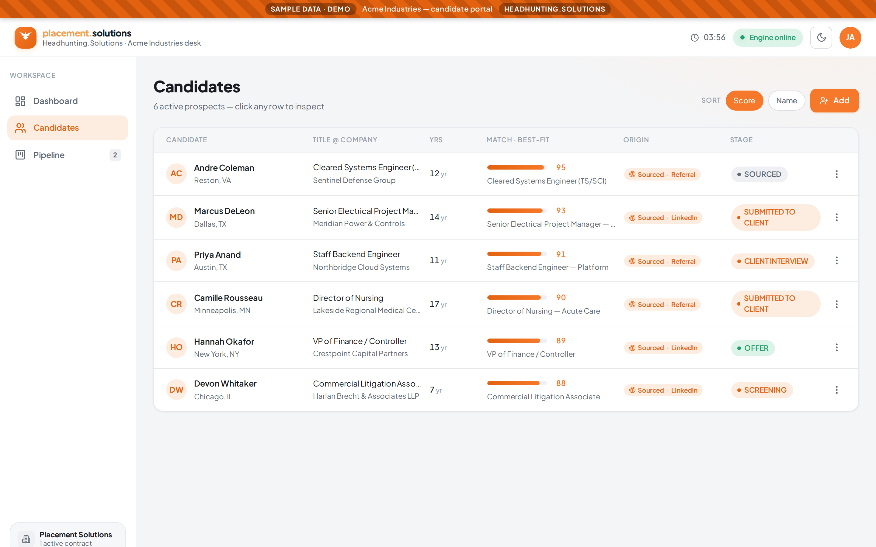 Your candidate portal &mdash; every candidate for your search, ranked by fit
