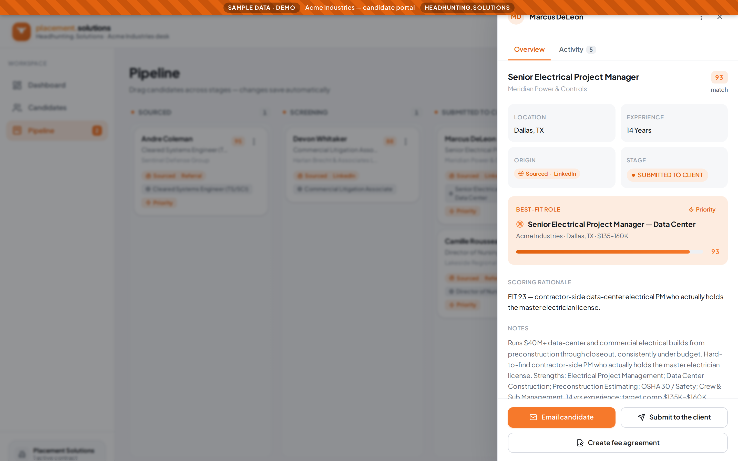 One candidate, fully framed &mdash; candidate portal demo